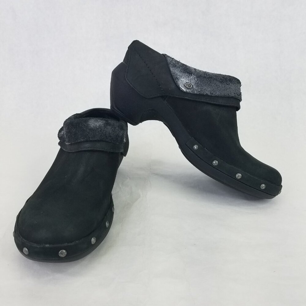 Merrell Luxe Wrap Mule Women's 6 Black Suede Leather Clog Metal Rivets Cone Heel